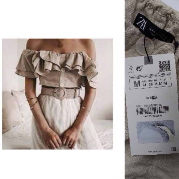 Zara NWT Cropped Ruffle Linen Blend Top Medium Beige Bloggers Fav - Picture 3 of 10